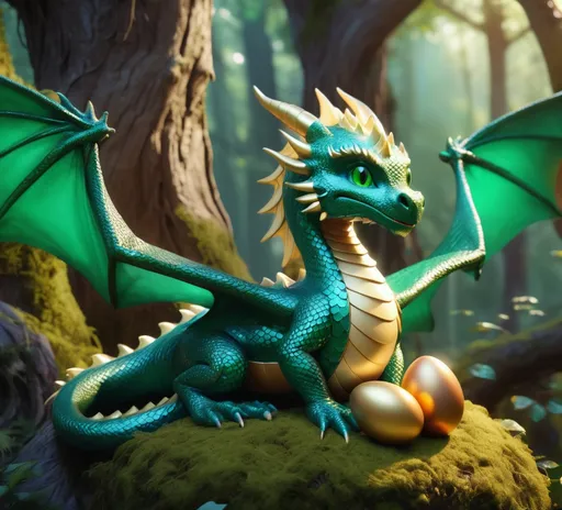 Prompt: (entity: a cute dragon), affectionate gaze, softly curved body, vibrant emerald scales, elegantly spread wings, nestled amid soft, pastel-colored nest, (protection), vivid golden eggs glistening, warm cozy ambience, soft lighting filtering through trees, gentle nature sounds, ultra-detailed, enchanting fairytale atmosphere, captivating forest setting, (high quality) 4K, magical charm.