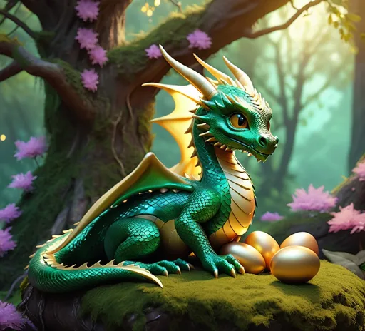 Prompt: (entity: a cute dragon), affectionate gaze, softly curved body, vibrant emerald scales, elegantly spread wings, nestled amid soft, pastel-colored nest, (protection), vivid golden eggs glistening, warm cozy ambience, soft lighting filtering through trees, gentle nature sounds, ultra-detailed, enchanting fairytale atmosphere, captivating forest setting, (high quality) 4K, magical charm.