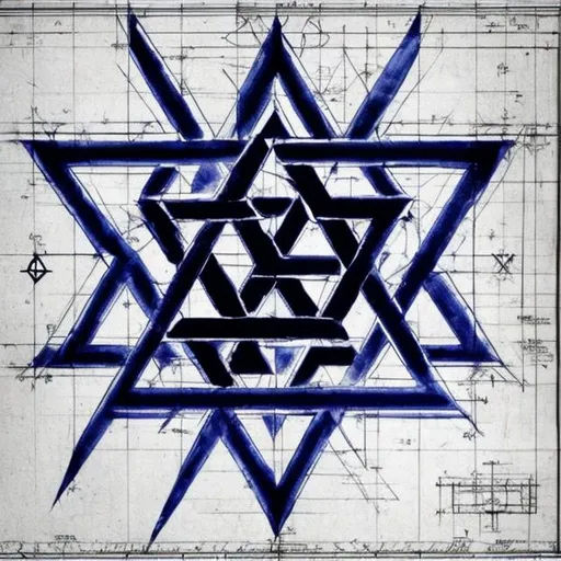 Prompt: blueprints combining a Star of David and baphomet 