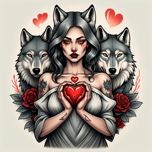 Prompt: Create a illustration based on the  parable 'which wolf do I feed' in a Neo Traditional tattoo style. With a woman holding a heart between the wolves