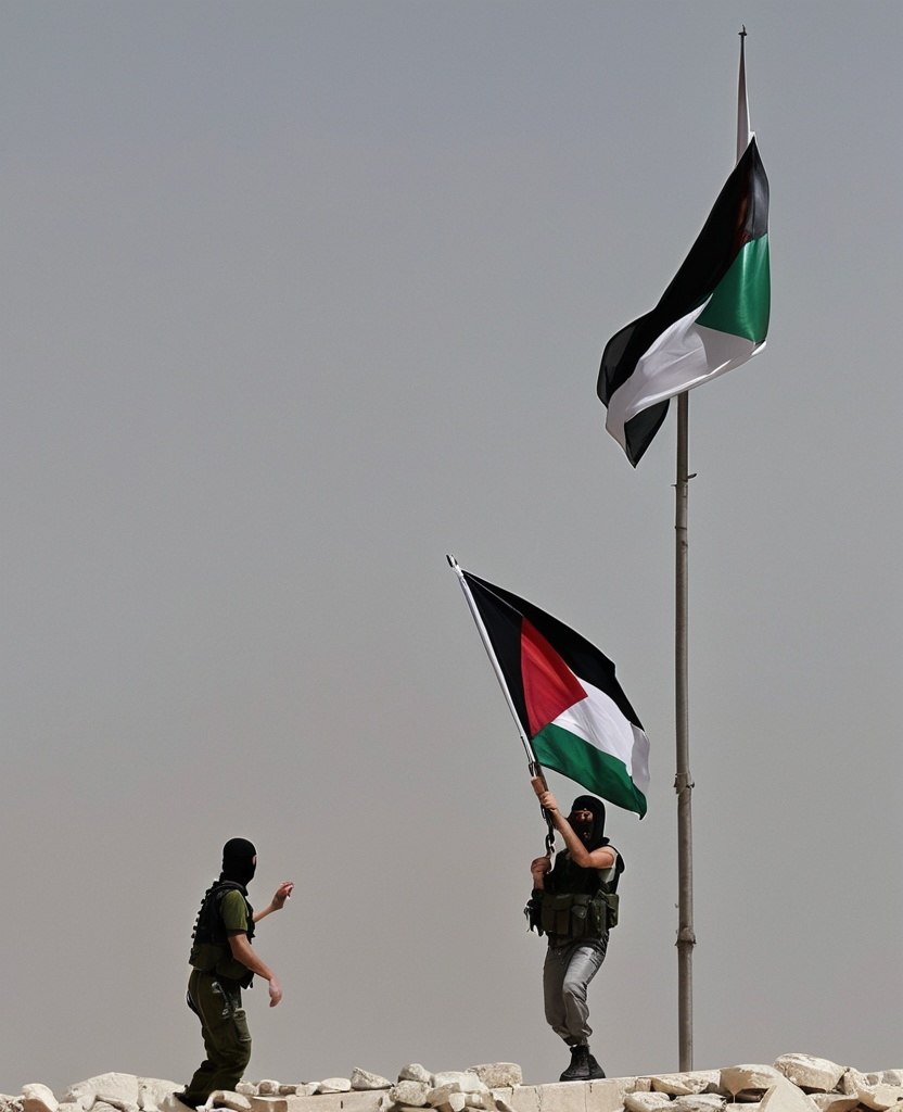 Prompt: a palestinian terrorist trowing stones at israel defense force and a Palestinian flag bind 