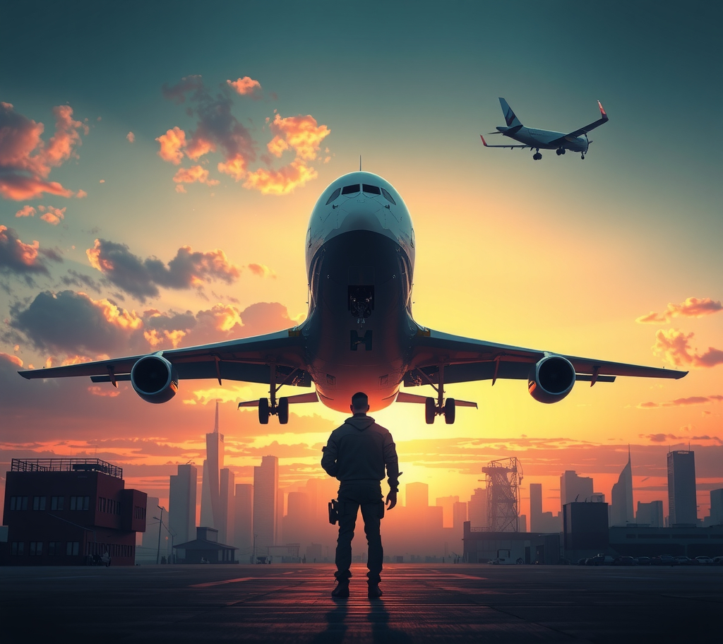 Prompt: a man standing in front of a large airplane flying over a city at sunset or sunrise time with a security guard standing in front of the plane, Beeple, futurism, ultra realistic illustration, cyberpunk art