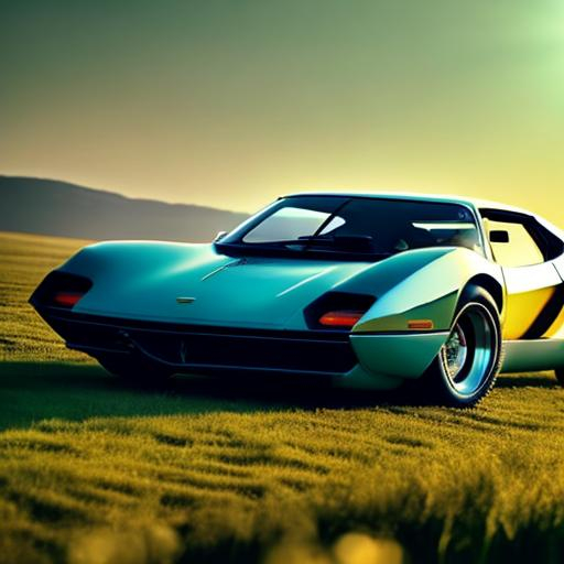 Prompt: Super car,70s,take photos from front,long front car, morning sun light, meadow,flim camera style