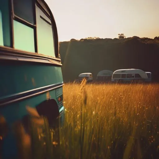 Prompt: Bus caravan,future,take photos from front,long front car, morning sun light, meadow,flim camera style