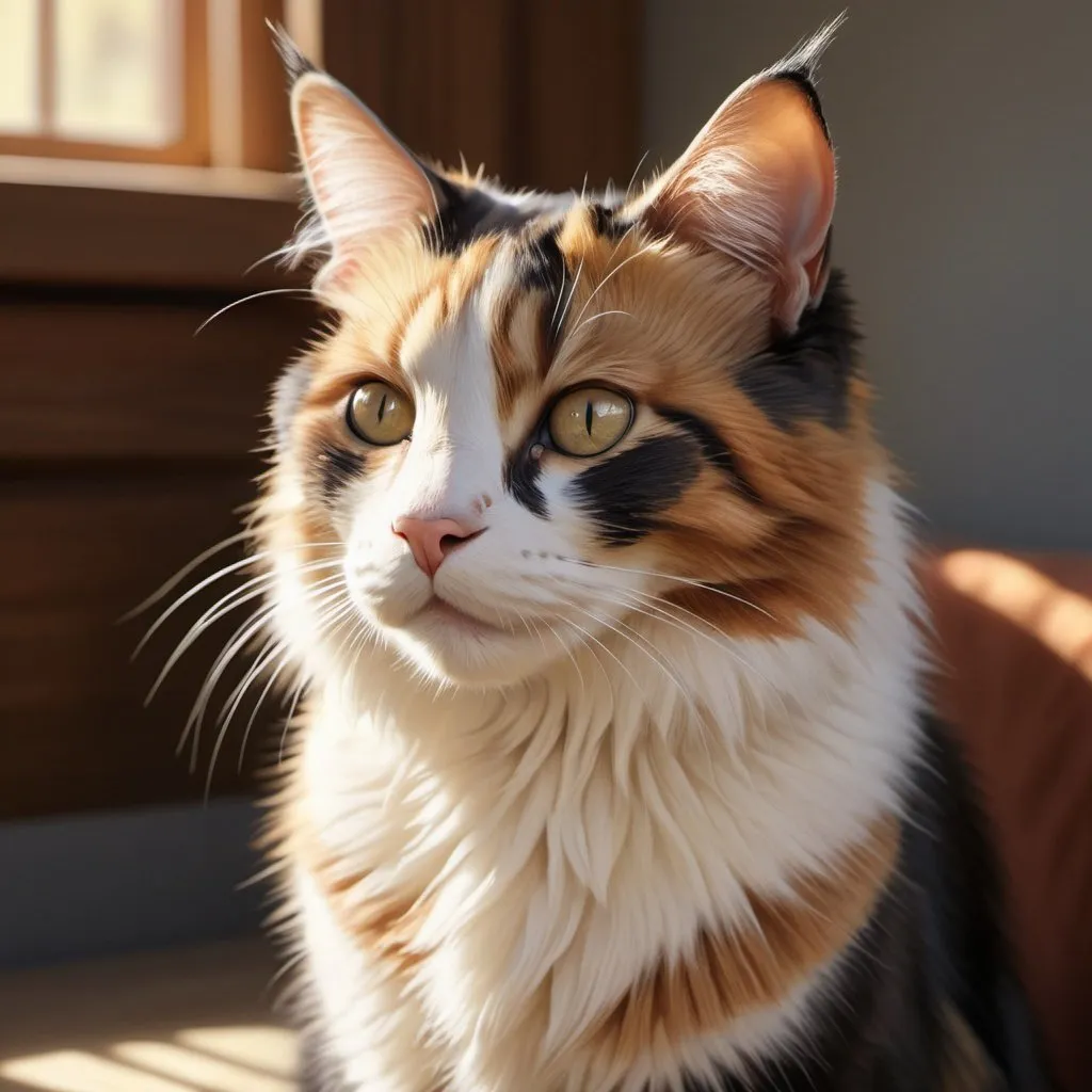 Prompt: Photorealistic rendering of a calico cat, peaceful sunlit scene, detailed fur and whiskers, warm lighting, high quality, photorealism, calico cat, sunlit, detailed fur, peaceful scene, warm lighting, realistic rendering, high quality