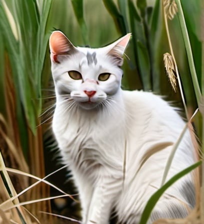 Prompt: A thin old feral grey and white cat with a scar over its left eye sits in a field of tall dry grass