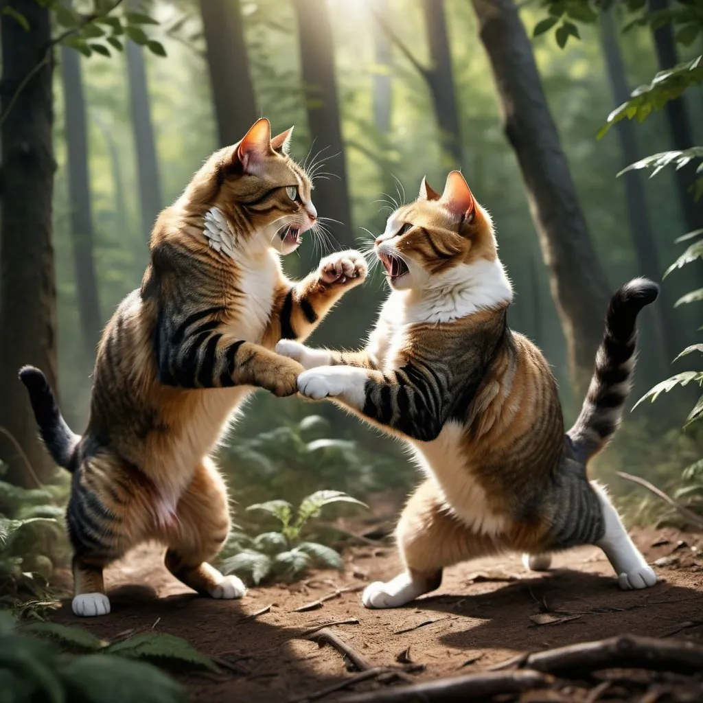 Prompt: Photorealistic image of two cats fighting in dense forest, detailed fur with natural colors, intense and aggressive expressions, dynamic poses, realistic lighting and shadows, high quality, ultra-detailed, photorealism, wildlife, detailed foliage, intense confrontation, realistic textures, natural color tones, atmospheric lighting, wildlife art, forest setting, realistic animal behavior, professional