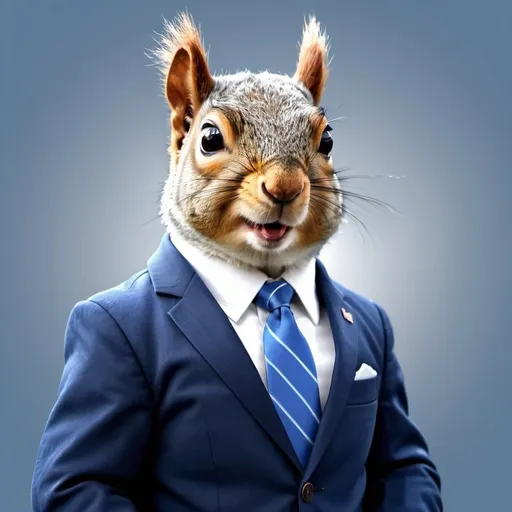 Prompt: Squirrel as president of the united states, realistic, blue suit, American lag