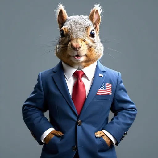 Prompt: Squirrel as president of the united states, realistic, blue suit, American lag