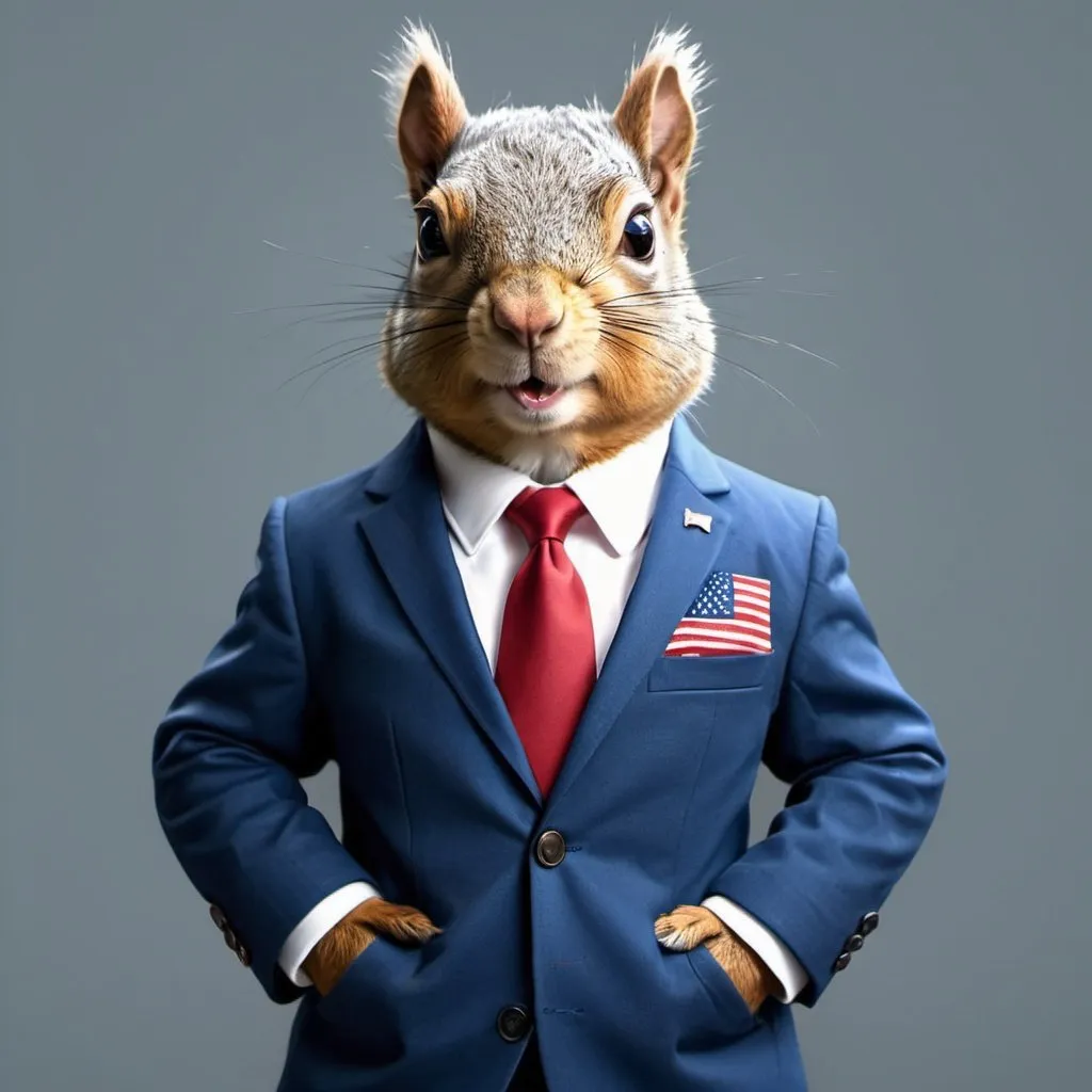 Prompt: Squirrel as president of the united states, realistic, blue suit, American lag