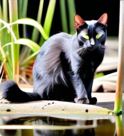 Prompt: A very long furred black cat. The cat has dark green eyes. The cat is in a dark swampy environment.