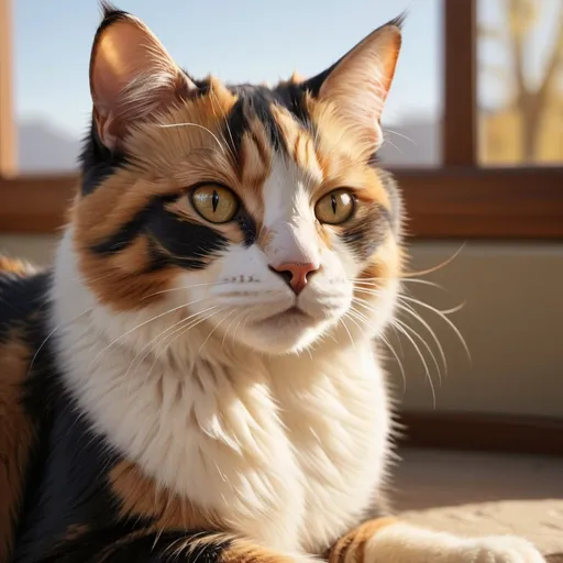 Prompt: Photorealistic rendering of a calico cat, peaceful sunlit scene, detailed fur and whiskers, warm lighting, high quality, photorealism, calico cat, sunlit, detailed fur, peaceful scene, warm lighting, realistic rendering, high quality