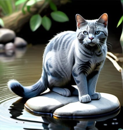 Prompt: A realistic large blue grey cat standing calmly on a stepping stone in the middle of a stream