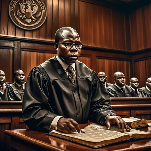 Prompt: (Original image of Ramekgwe Daniel Tjikila), dramatic courtroom scene, emotional tension, intense expressions, (highly detailed), realistic lighting, formal attire, law books and documents scattered, richly colored wood paneling, filled with judges, (ultra-detailed texture), legal symbols in the background, intriguing atmosphere full of anticipation, cinematic composition, showcasing the essence of justice and debate.