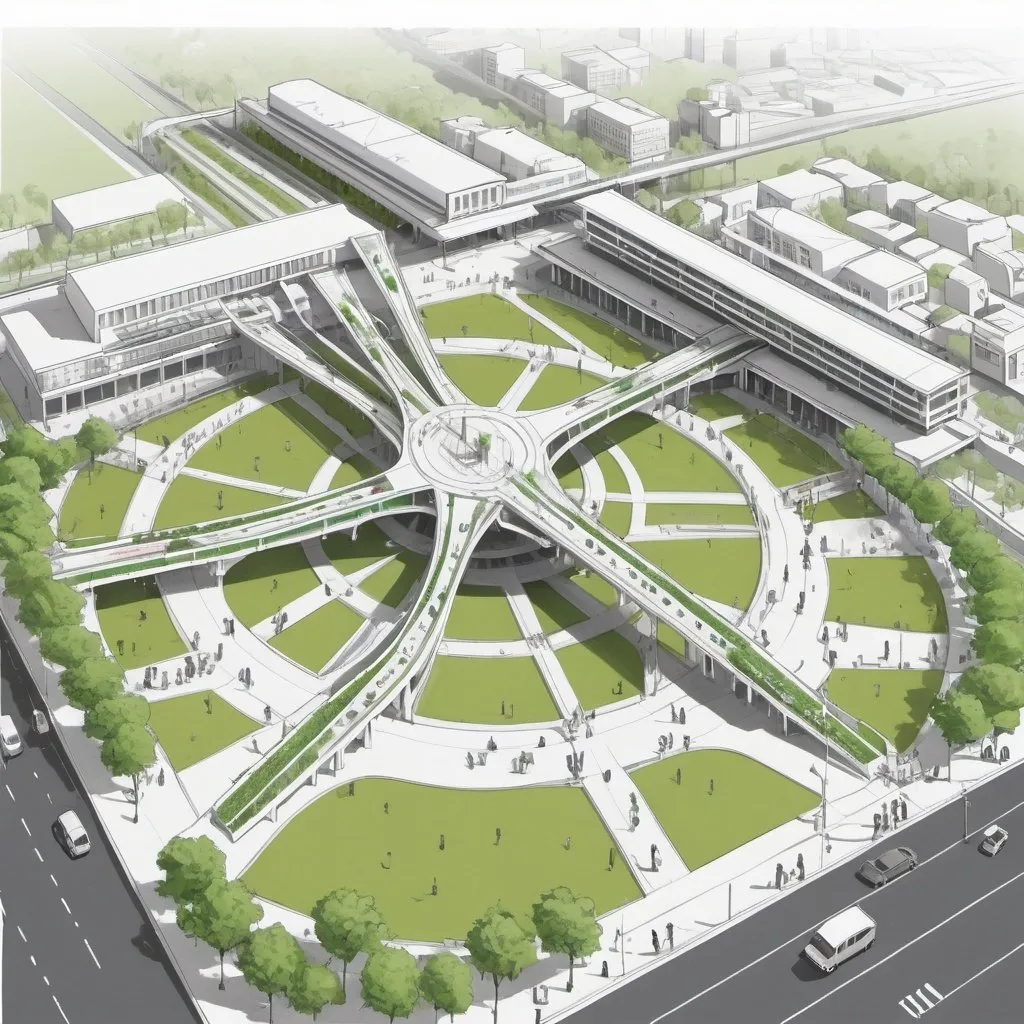 Prompt: create an isometric sketch showing the grand entrance of with an indian context railway station showing  connecting flyovers and a public plaza with segregated parking spaces and in between green landscape patches