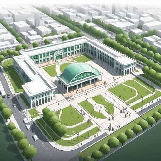 Prompt: create an isometric sketch showing the grand entrance of with an indian context railway station and a public plaza with segregated parking spaces and in between green landscape patches