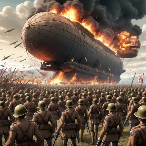 Prompt: marleyans army attack on titan with guns and airship and tanks shooting and fire everywhere and fighting everywhere and die people everywhere
