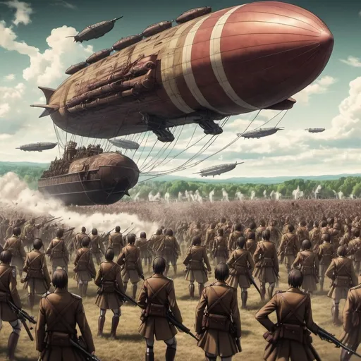 Prompt: marleyans army attack on titan with guns and airship and tanks