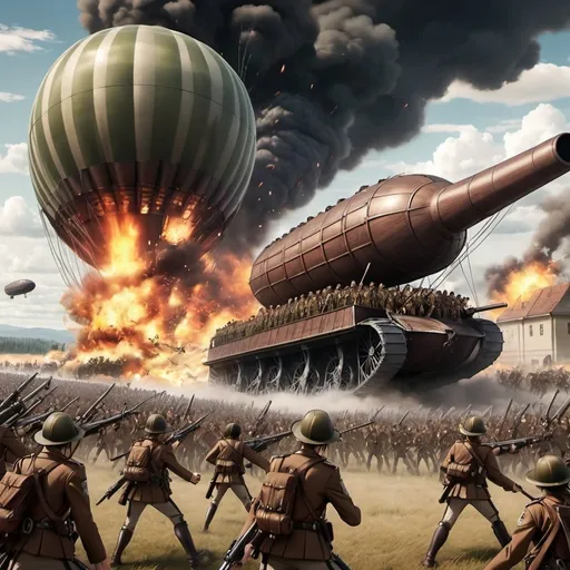 Prompt: marleyans army attack on titan with guns and airship and tanks shooting and fire everywhere
