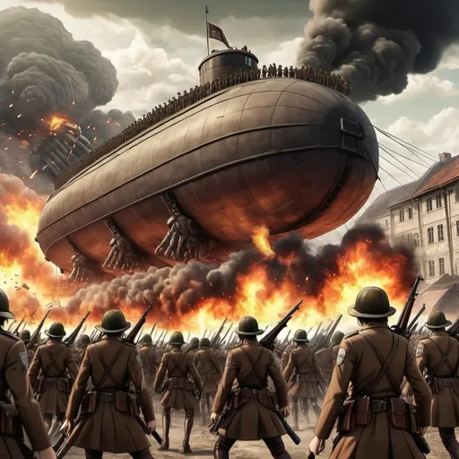 Prompt: marleyans army attack on titan with guns and airship and tanks shooting and fire everywhere and fighting everywhere and die people everywhere
