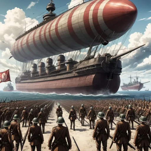 Prompt: marleyans army attack on titan with guns and airship and battleships and tanks