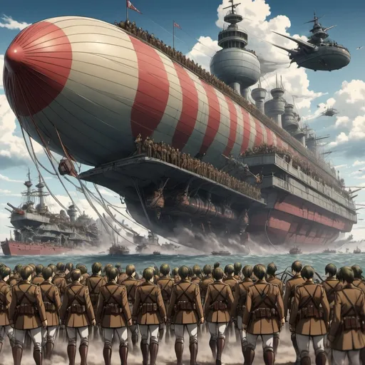 Prompt: marleyans army attack on titan with guns and airship and battleships and tanks