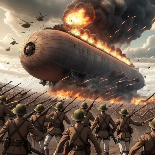 Prompt: marleyans army attack on titan with guns and airship and tanks shooting and fire everywhere
