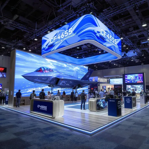 Prompt: exhibition stand, military, modern, Hi tech, demo stations, blue and white,f-35 plane, wood textures. led lighting, video wall, medium size