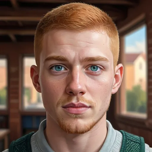Prompt: Realistic digital portrait of a 20-year-old white man, ginger buzz cut, wearing a big vest, with a well-groomed beard, piercing blue and green eyes, high quality, digital painting, realistic style, warm tones, soft lighting, detailed facial features, professional, expressive eyes, facial hair, vest, detailed hair, realistic, warm lighting, with school in background
