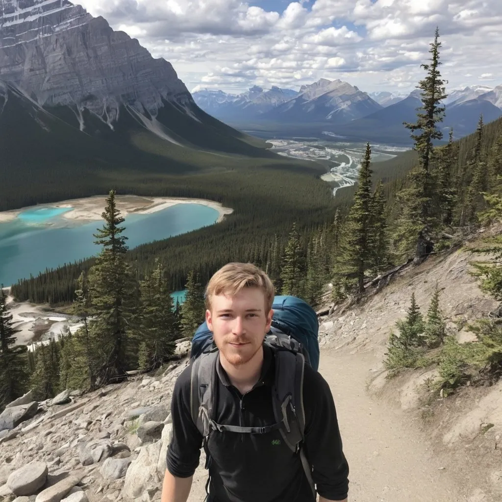 Prompt: Twenty year old white guy hiking in banff 