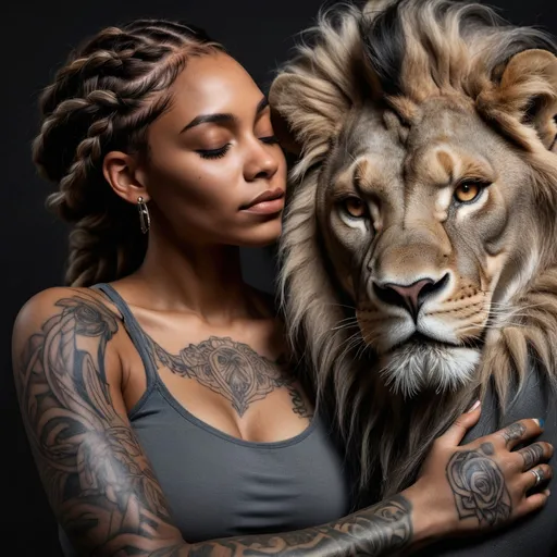 Prompt: In a dark background, a black hybrid woman with waist-length braided hair, tattooed on her arm, with a beautiful gray body, leans lovingly against a brown male lion with closed eyes