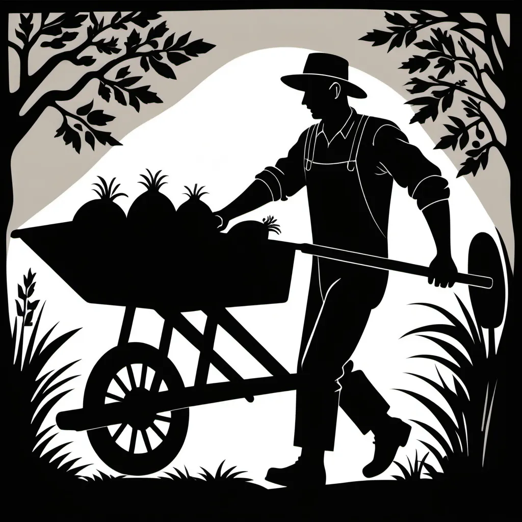 Prompt: silhouette of a farmer pushing a wheelbarrow drawn in the style of a woodcut
print