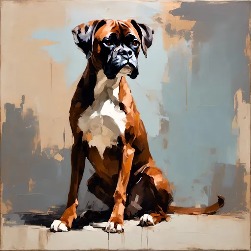 Prompt:  <mymodel>2-year-old boxer dog, dark brown, sitting but standing on front legs, inquisitive expression, minimalist style, flat acrylic, full front view, high quality, simple design, minimalistic, dark colors, front-facing, clean lines, balanced composition, realistic, subdued lighting