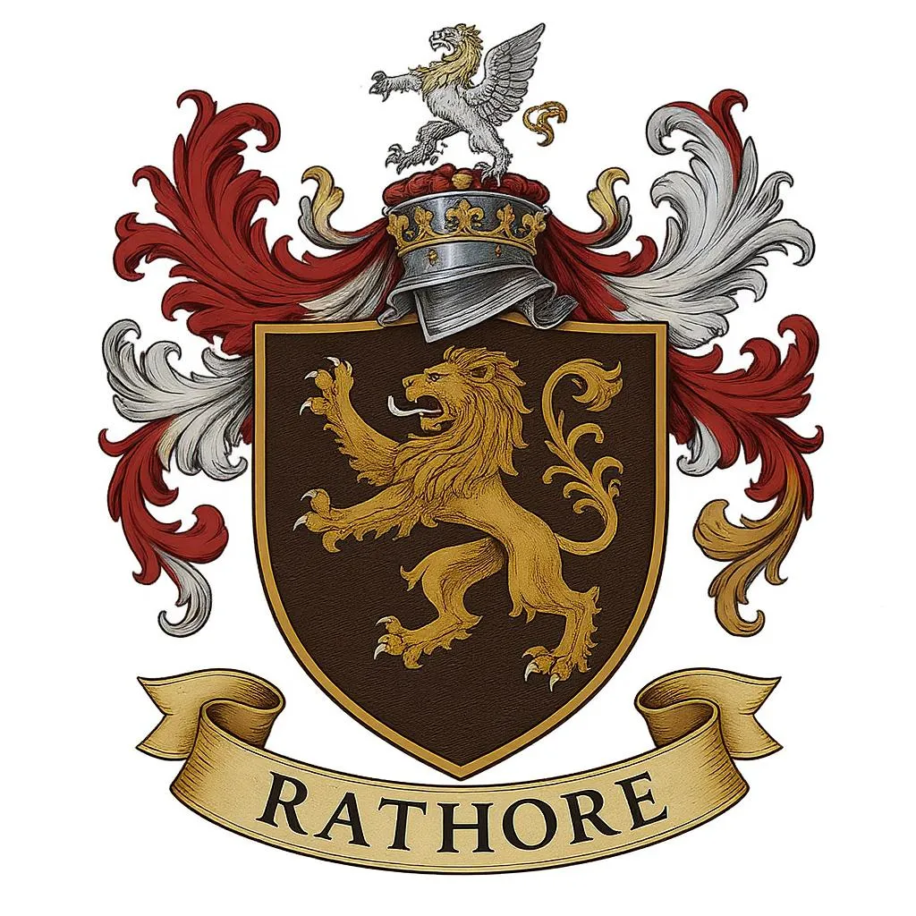 Prompt: A coat of arms with a lion in a fierce pose for the family of Rathore