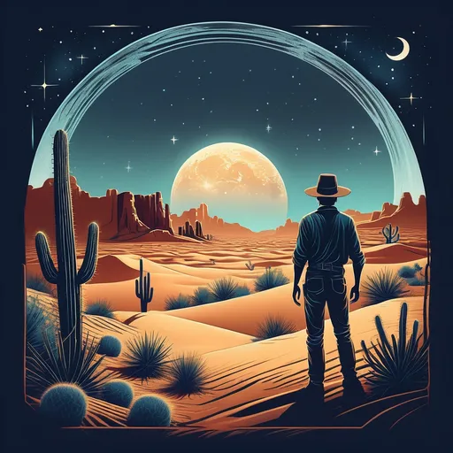 Prompt: (illustration of a man in a desert landscape), vibrant colors, full moon casting silvery light, towering cactus trees silhouetted against the glowing moon, expansive sandy dunes under a starry sky, (inspired by Dan Mumford's style), surreal and captivating ambiance, atmospheric depth, poster art look, ultra-detailed, high quality, inviting yet distant desert vibes.