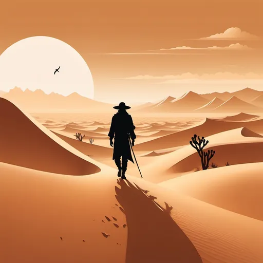 Prompt: (vector design), (nomad wanderer concept), silhouette of a lone wanderer, vast desert landscape, sandy dunes, intricate desert motifs, warm color palette, muted tones, high custom detail, dreamy atmosphere, minimalist style, calm and solitary ambiance, emphasizing exploration and adventure.