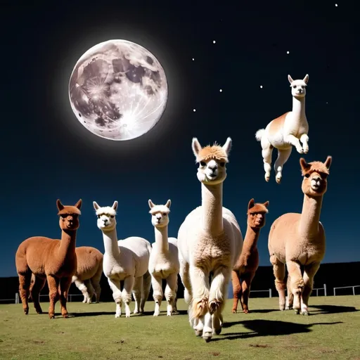 Prompt: an alpaca jumping over the moon with 6 other alpacas watch him