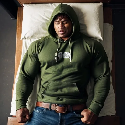 Prompt: Man Hulk Brown With Hoodie And Denim Belt Sleeping