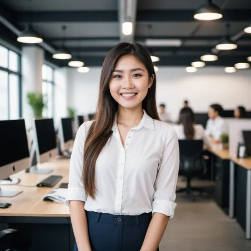 Prompt: an Asian beautiful HR girl standing in a startup office, and she's smiling

