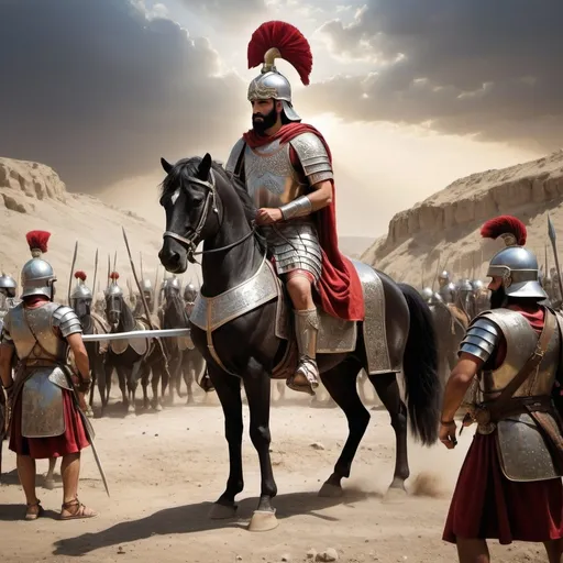 Prompt: The scene is set on a vast, rugged battlefield under a stark sky. In the center, Shapur I, the mighty Sasanian King, stands tall and resolute on a majestic warhorse. He is adorned in elaborate royal armor, intricately decorated with Persian motifs, and a grand helmet with a regal plume. His eyes are fierce, reflecting the triumph and determination of a victorious ruler.

Before Shapur I, the Roman Emperor kneels in submission. The emperor, dressed in tattered imperial armor, is visibly humbled and defeated. His once-proud visage is now a mask of despair and resignation, his hands bound and head bowed low in a gesture of surrender. This moment captures the dramatic reversal of fortune and the utter dominance of Shapur I.

Surrounding Shapur I, his elite Persian cavalry and infantry form a formidable, disciplined line. The soldiers wear traditional Persian armor, with detailed mail and lamellar suits, wielding spears, swords, and ornate shields bearing the Sasanian symbol.

In contrast, the Roman soldiers, now defeated and disheartened, lay scattered across the battlefield. Their once-mighty formations are broken, their armor tarnished and their weapons abandoned. Some kneel in surrender, while others lie lifeless, victims of the fierce battle. Roman standards and banners, once held high, now lie trampled in the dirt, signifying their crushing defeat.

In the background, the remnants of the Roman legions can be seen retreating in disarray, while the Persian banners, adorned with the Faravahar, flutter triumphantly in the wind. The landscape is dotted with the remnants of the fierce combat: shattered chariots, fallen horses, and scattered weapons.

The sky above is a mix of dark clouds and beams of sunlight breaking through, symbolizing the end of a storm and the dawn of a new era under Sasanian rule. In the distance, the silhouette of ancient Persian architecture looms, symbolizing the enduring legacy of Shapur I's victory and the strength of the Sasanian Empire.