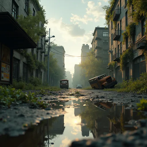 Prompt: A post-apocalyptic environment inspired by "The Last of Us" — a desolate urban street with decaying, half-collapsed old buildings overgrown with thick fungal branches and vegetation. A large puddle of stagnant water covers the road, reflecting the ruined environment with cinematic clarity. The camera angle is low to the ground with a shallow depth of field, making the foreground slightly blurred and the distant scenery sharp. An old, rusted school bus lies partially flipped near the center of the road, with other rusted vehicles overturned or abandoned along the sides. On the left side of the road, there's a dilapidated bus stop shelter with faded, torn posters stuck to the cracked glass. The scene is bathed in a moody, moldy atmosphere, mostly sunny with scattered clouds. Soft, golden sun rays break through the clouds, casting mild light beams onto the scene, enhancing the textures and depth.