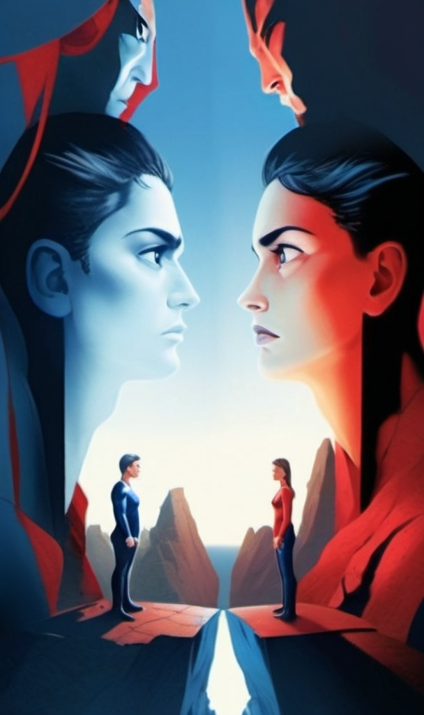 Prompt: (Illustration of two people standing on a cliff), (intense white sky background), (left side cliff monotone blue), (right side cliff monotone red), (anger emotion conveyed), dramatic lighting, stark contrasts, dynamic pose, intense, unsettling, high quality, ultra-detailed, visually striking composition.