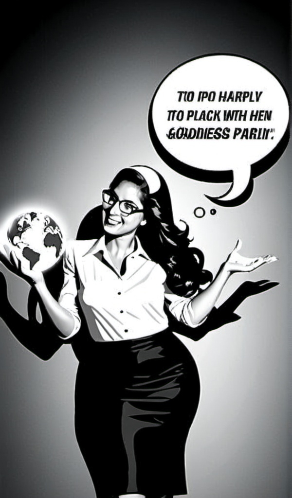 Prompt: Black and White pop art poster illustration  of a woman wearing a stylish modest skirt and blouse, speech bubble above her head, luminescent flame in the palm of her right  hand, goddess , glowing luminescent earth globe  in the palm of her left hand, pop art, minimalist, plain grey background, Andy Warhol style, mid century 