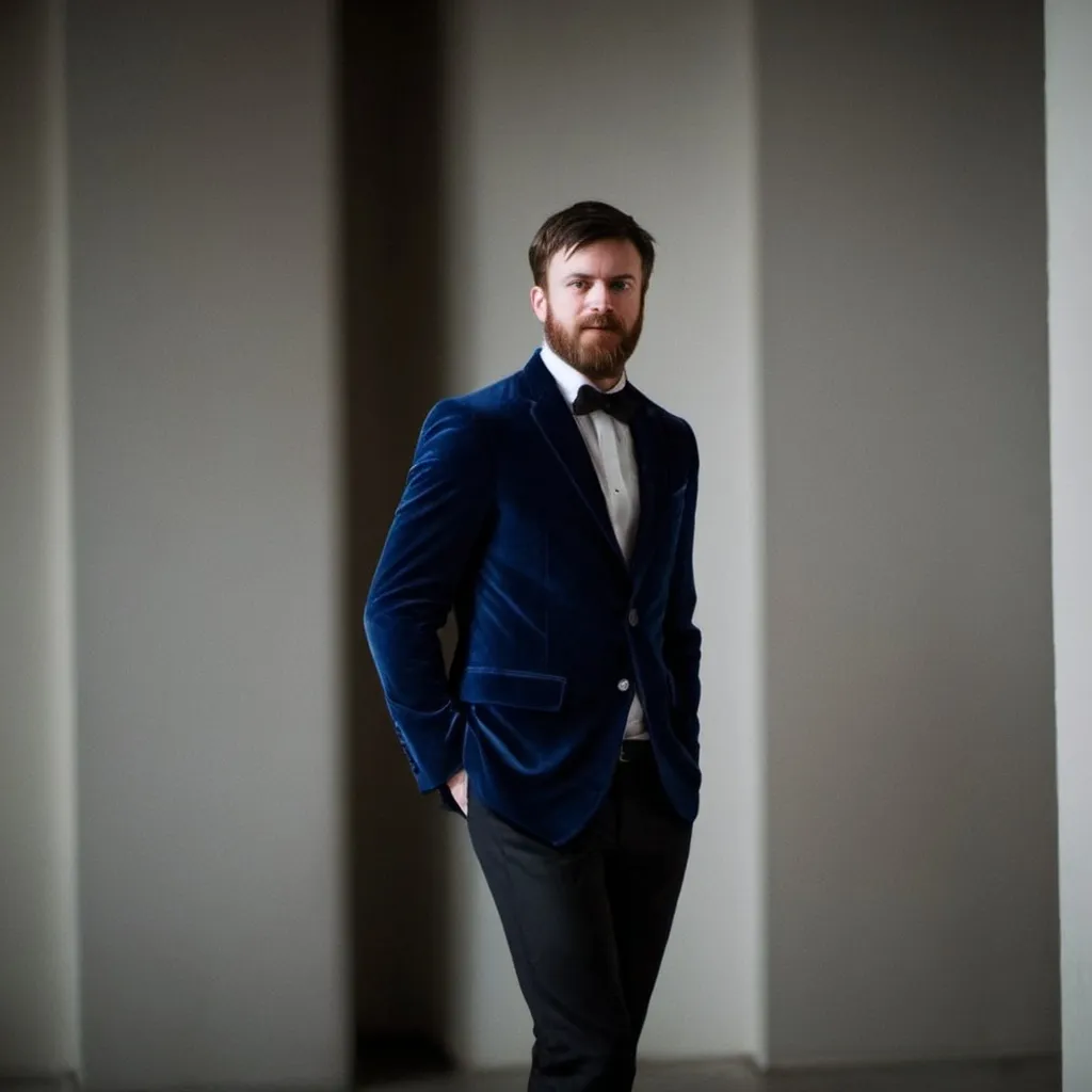 Prompt: Charismatic and mysterious man in stylish blue velvet tailored dinner jacket he has a powerful, intense and mesmerizing gaze, hypnotic piercing eyes, subtle occult symbolism, cult leader, Messianic symbolism, inviting you into secret society, hidden knowledge 