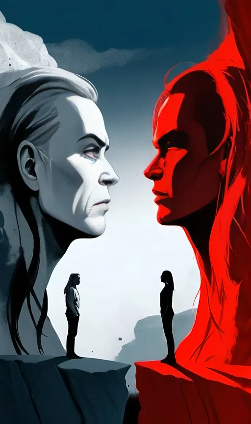 Prompt: (Illustration of two people standing on a cliff), (intense white sky background), (left side cliff monotone blue), (right side cliff monotone red), (anger emotion conveyed), dramatic lighting, stark contrasts, dynamic pose, intense, unsettling, high quality, ultra-detailed, visually striking composition.