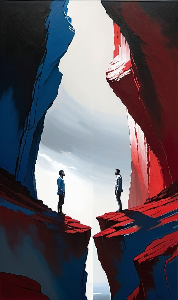 Prompt: (painting of two people standing on a cliff), (white sky background), (left side monotone blue), (right side monotone red), (anger emotion conveyed), dramatic lighting, stark contrasts, dynamic pose, intense expressions, serene horizon, surrounding cliffs, ethereal atmosphere, high quality, ultra-detailed, visually striking composition.