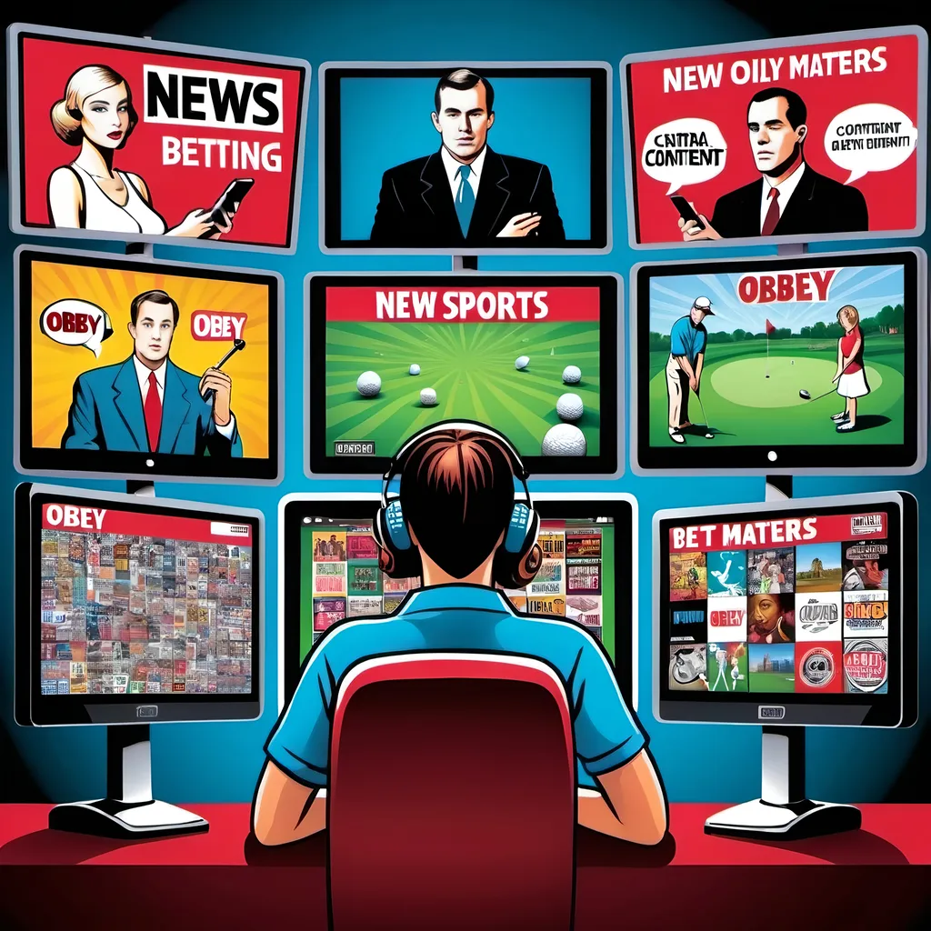 Prompt: (central content: man, woman, and child), surrounded by screens displaying news, movies, sports, gambling, bet on sports, only sports matters,government propaganda, OBEY signs, sports betting, golfing, online sports betting, sports, golf(vivid colors, high saturation, pop art), focused intently on a smartphone and tablet, OBEY!, Sheeple,Don't question authority (surreal ambiance), slaves, (4K, ultra-detailed).