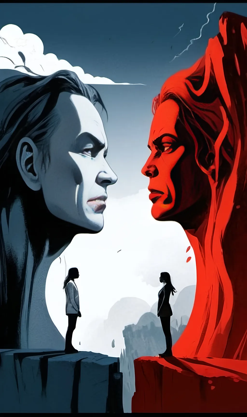 Prompt: (Illustration of two people standing on a cliff), (intense white sky background), (left side cliff monotone blue), (right side cliff monotone red), (anger emotion conveyed), dramatic lighting, stark contrasts, dynamic pose, intense, unsettling, high quality, ultra-detailed, visually striking composition.