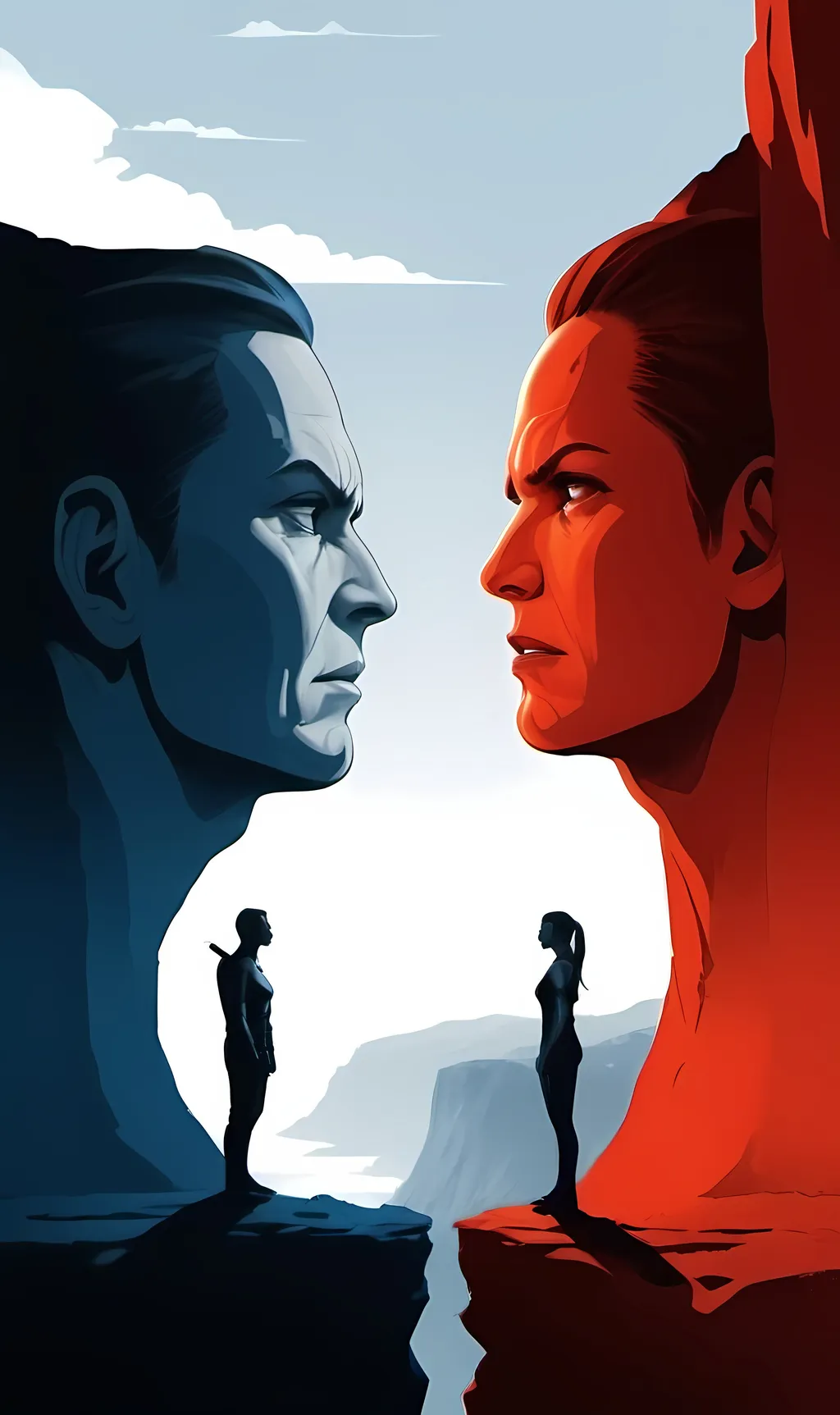 Prompt: (Illustration of two people standing on a cliff), (intense white sky background), (left side cliff monotone blue), (right side cliff monotone red), (anger emotion conveyed), dramatic lighting, stark contrasts, dynamic pose, intense, unsettling, high quality, ultra-detailed, visually striking composition.