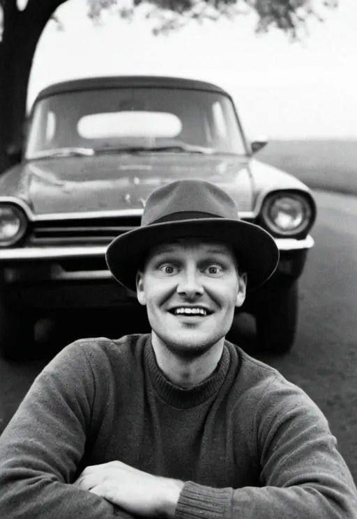 Prompt: Photo of a man in a hat is sitting in front of a car